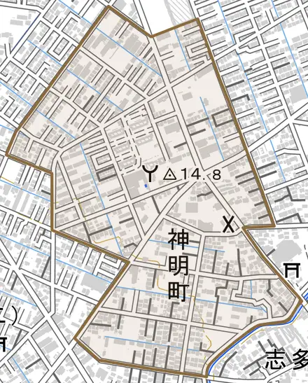 神明町とその周辺の地図。町の範囲を重ねている