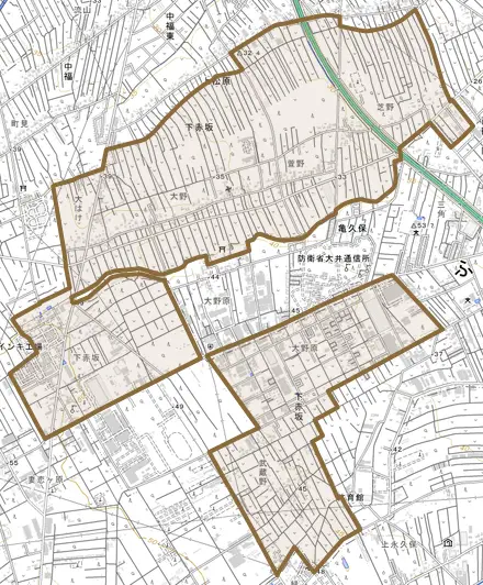 大字下赤坂とその周辺の地図。町の範囲を重ねている
