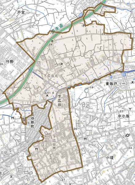 大字下広谷とその周辺の地図。町の範囲を重ねている