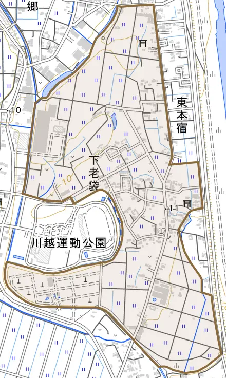 大字下老袋とその周辺の地図。町の範囲を重ねている