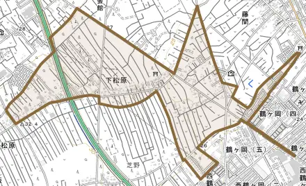 大字下松原とその周辺の地図。町の範囲を重ねている