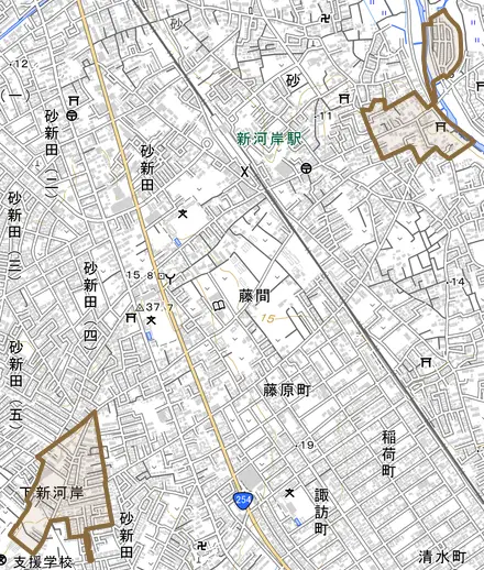 大字下新河岸とその周辺の地図。町の範囲を重ねている