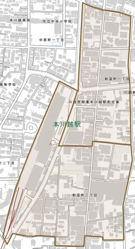 新富町とその周辺の地図。町の範囲を重ねている