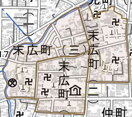 末広町とその周辺の地図。町の範囲を重ねている