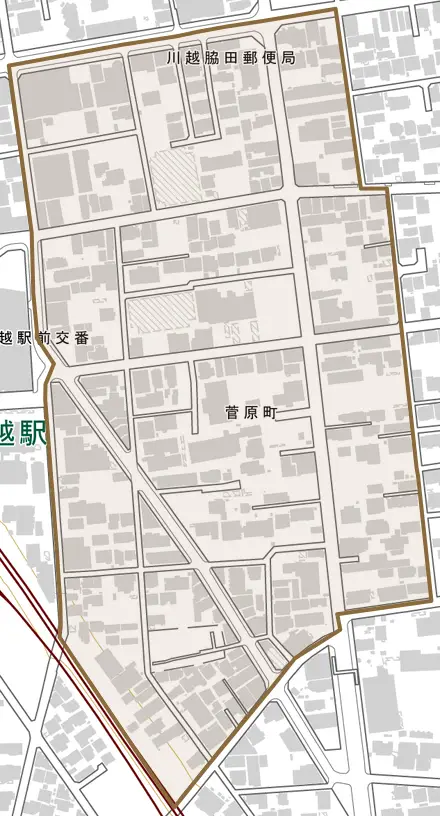菅原町とその周辺の地図。町の範囲を重ねている