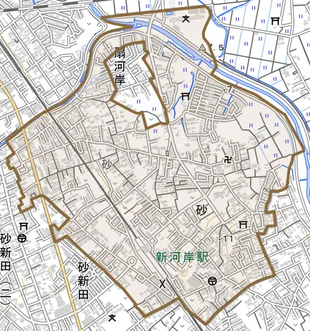 大字砂とその周辺の地図。町の範囲を重ねている
