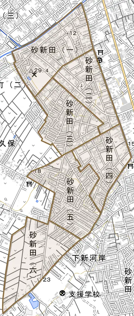 砂新田とその周辺の地図。町の範囲を重ねている