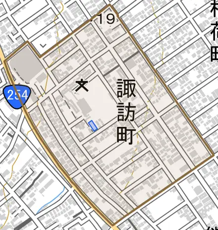諏訪町とその周辺の地図。町の範囲を重ねている