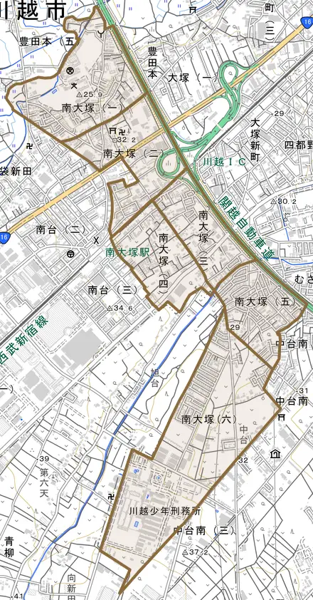 南大塚とその周辺の地図。町の範囲を重ねている
