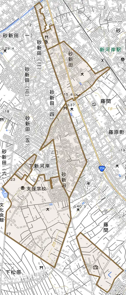 大字砂新田とその周辺の地図。町の範囲を重ねている