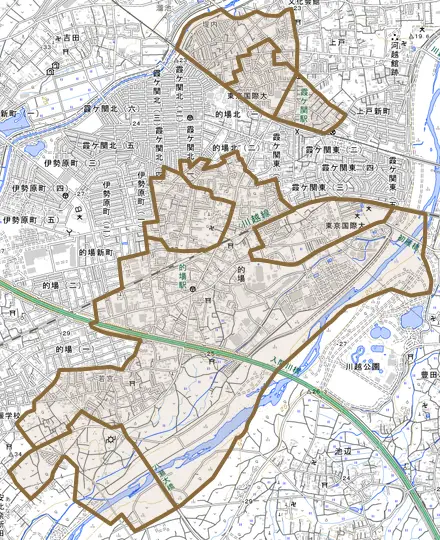 大字的場とその周辺の地図。町の範囲を重ねている