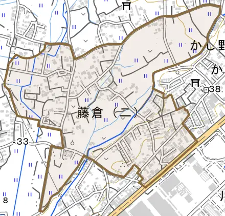藤倉とその周辺の地図。町の範囲を重ねている