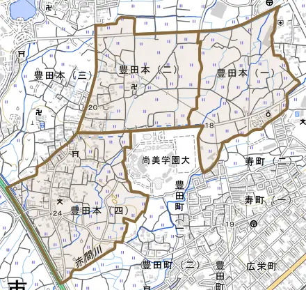 豊田本とその周辺の地図。町の範囲を重ねている