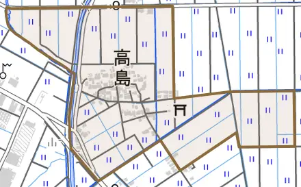 大字高島とその周辺の地図。町の範囲を重ねている
