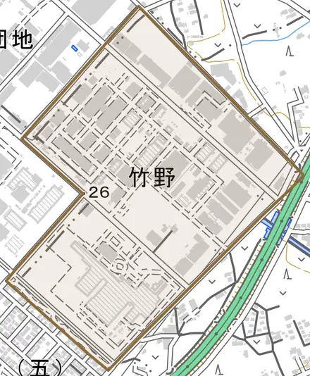 大字竹野とその周辺の地図。町の範囲を重ねている