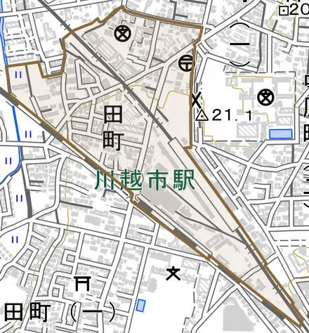 田町とその周辺の地図。町の範囲を重ねている