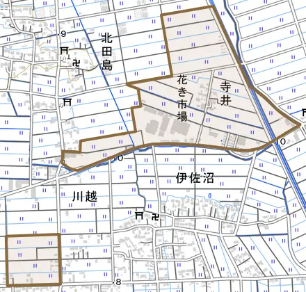 大字寺井とその周辺の地図。町の範囲を重ねている