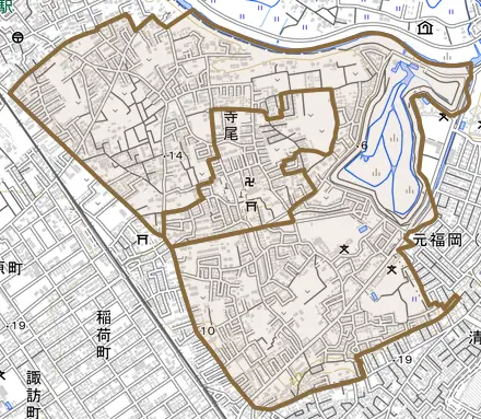 大字寺尾とその周辺の地図。町の範囲を重ねている