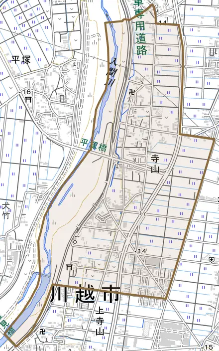 大字寺山とその周辺の地図。町の範囲を重ねている