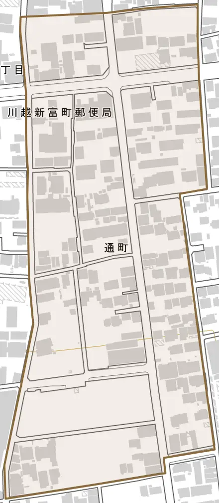通町とその周辺の地図。町の範囲を重ねている