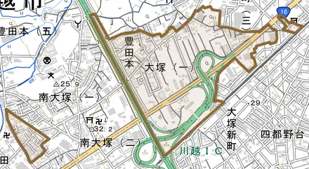 大字豊田本とその周辺の地図。町の範囲を重ねている
