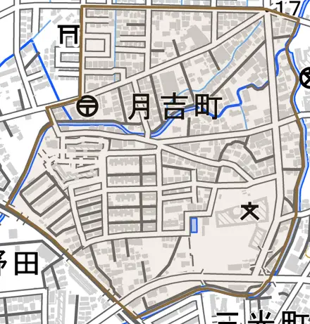 月吉町とその周辺の地図。町の範囲を重ねている