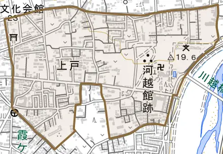 大字上戸とその周辺の地図。町の範囲を重ねている