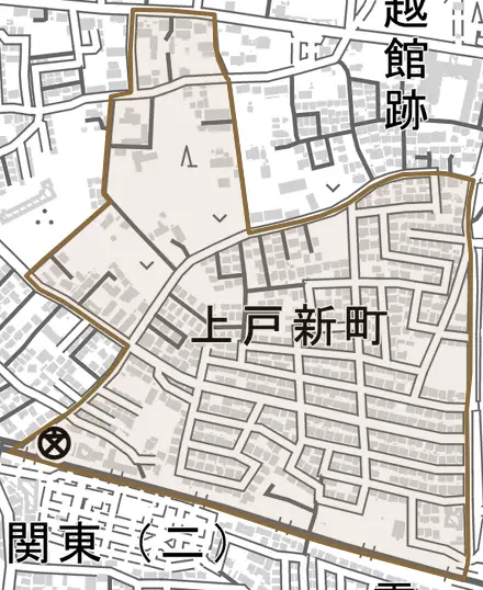 上戸新町とその周辺の地図。町の範囲を重ねている