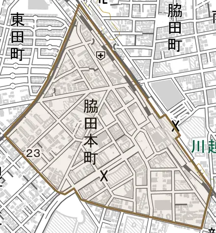 脇田本町とその周辺の地図。町の範囲を重ねている