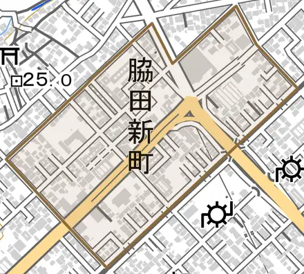 脇田新町とその周辺の地図。町の範囲を重ねている