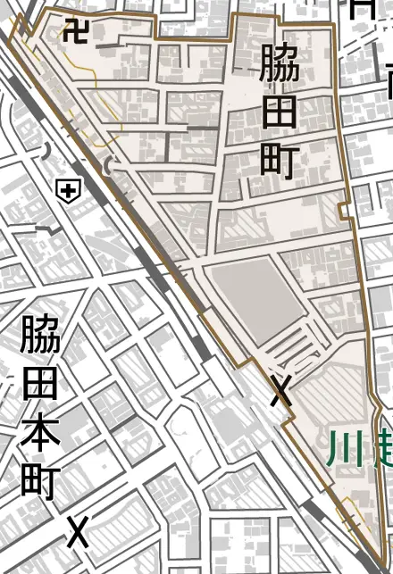 脇田町とその周辺の地図。町の範囲を重ねている