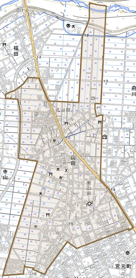 大字山田とその周辺の地図。町の範囲を重ねている