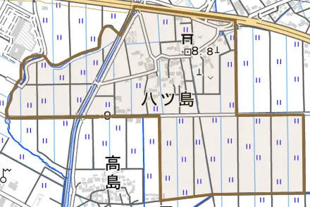 大字八ツ島とその周辺の地図。町の範囲を重ねている