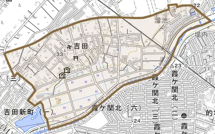 大字吉田とその周辺の地図。町の範囲を重ねている