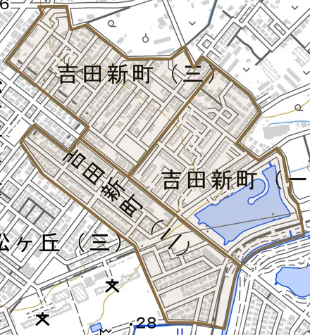 吉田新町とその周辺の地図。町の範囲を重ねている