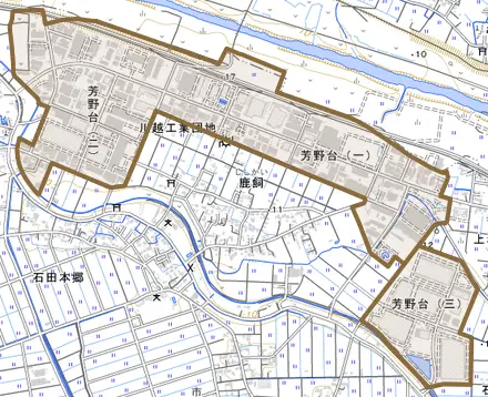 芳野台とその周辺の地図。町の範囲を重ねている