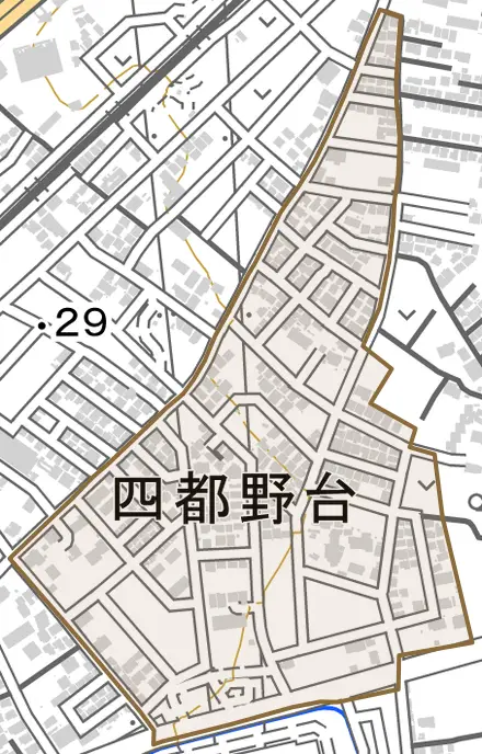 四都野台とその周辺の地図。町の範囲を重ねている
