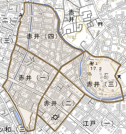 赤井とその周辺の地図。町の範囲を重ねている