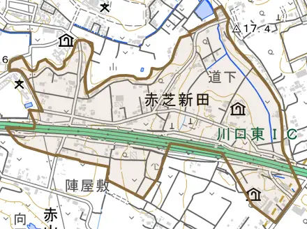大字赤芝新田とその周辺の地図。町の範囲を重ねている