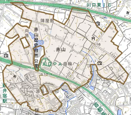 大字赤山とその周辺の地図。町の範囲を重ねている