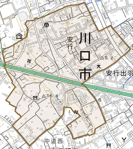 大字安行とその周辺の地図。町の範囲を重ねている