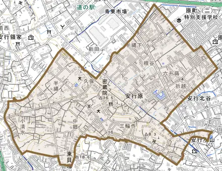 大字安行原とその周辺の地図。町の範囲を重ねている