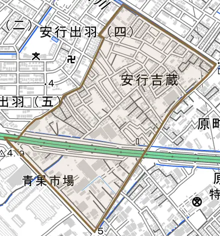 大字安行吉蔵とその周辺の地図。町の範囲を重ねている