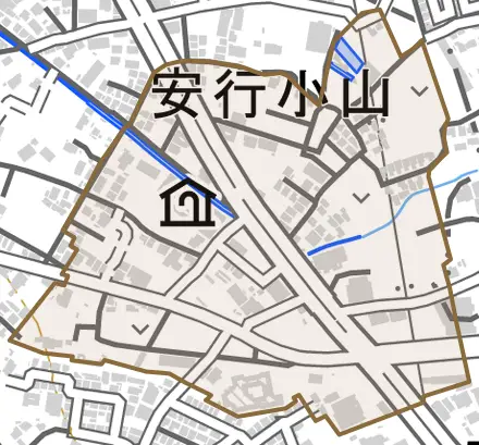 大字安行小山とその周辺の地図。町の範囲を重ねている