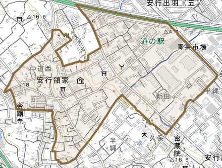 大字安行領家とその周辺の地図。町の範囲を重ねている
