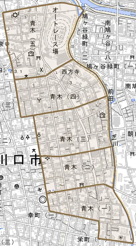 青木とその周辺の地図。町の範囲を重ねている