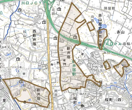 大字新井宿とその周辺の地図。町の範囲を重ねている