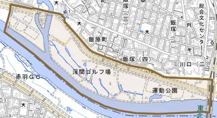 荒川町とその周辺の地図。町の範囲を重ねている