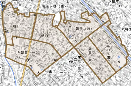 朝日とその周辺の地図。町の範囲を重ねている