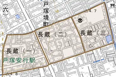 長蔵とその周辺の地図。町の範囲を重ねている
